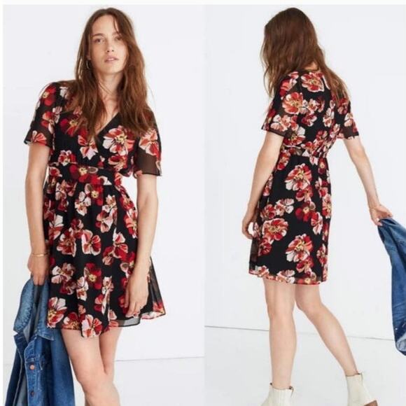Madewell Black Red Floral Mini Dress V Neck Short Sleeve Fit and Flare Chic 4 - Picture 15 of 16